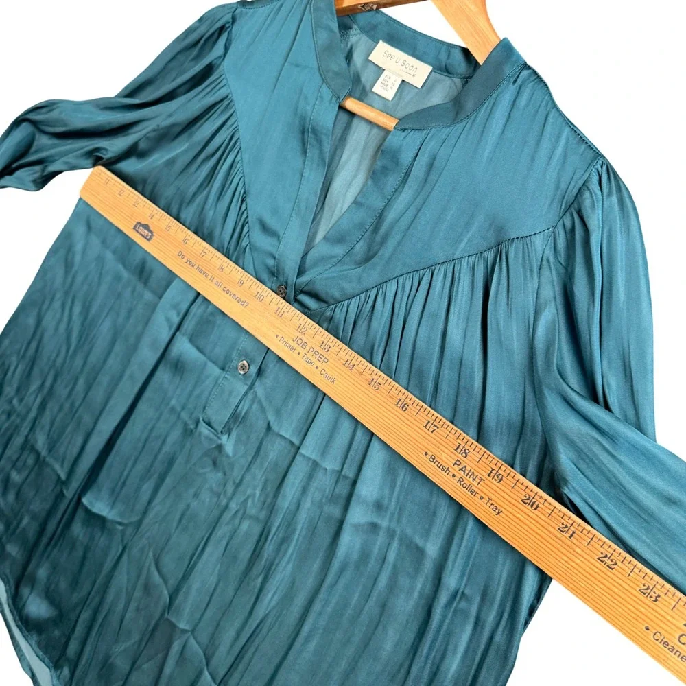 Boho Pleated Satin Blouse XS Teal Long Sleeve Yoke Top See U Soon - Picture 7 of 10